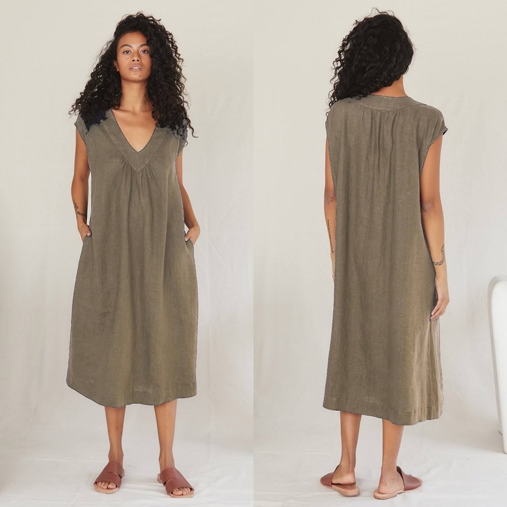 SUGAR CANDY MOUNTAIN Berda 100% Linen V Neck Midi Dress in Green